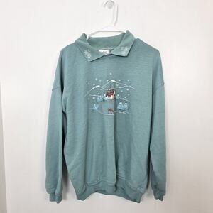 Vintage Green Winter Scene Cottage Embroidered Cabincore Sweater Size Large